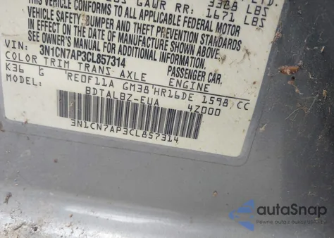 2012 Nissan Versa 1.6 Sv from USA, damaged, VIN 3N1CN7AP3CL857314